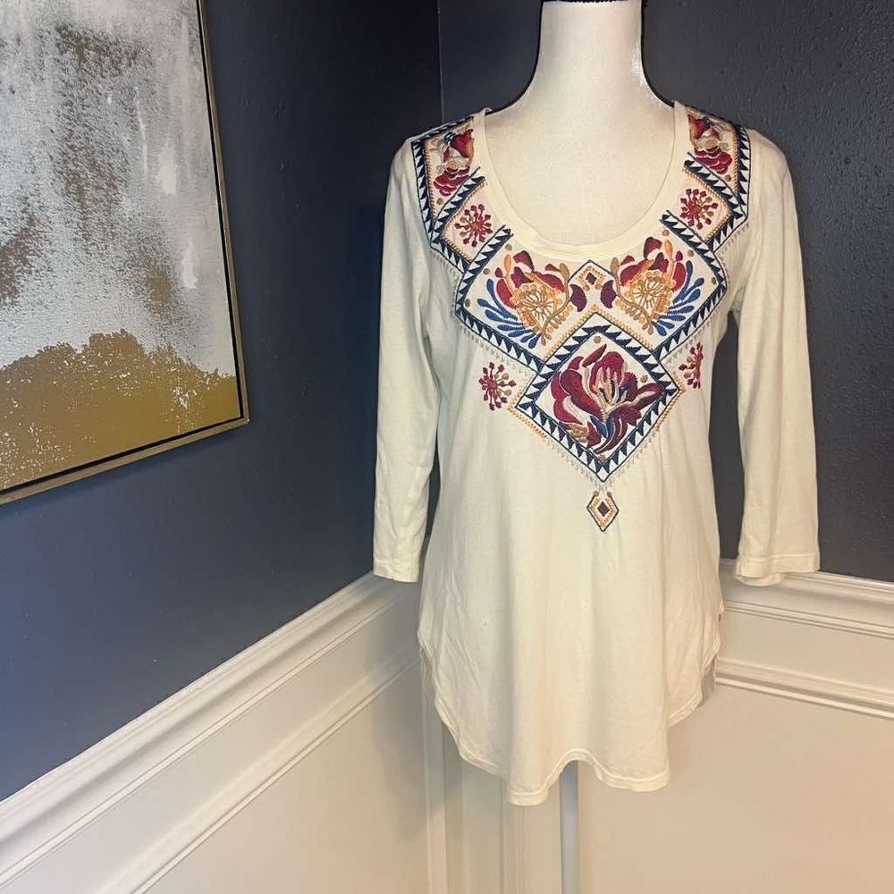 Johnny Was Embroidered Scoop Neck 3/4 Sleeve Tunic